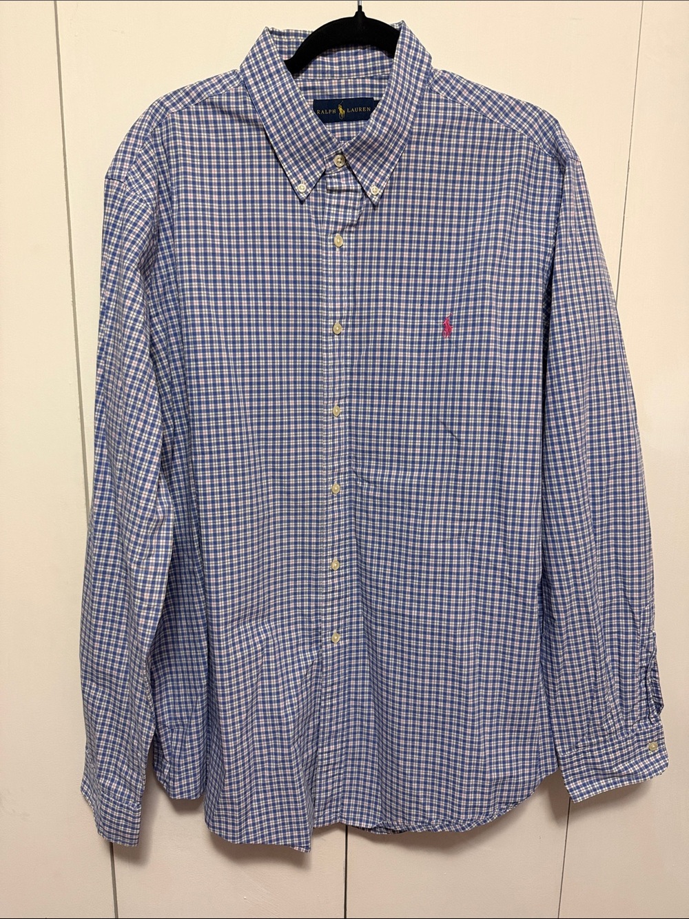 Ralph Lauren Blue and White Micro-Plaid Button-Down Shirt with Pink Pony